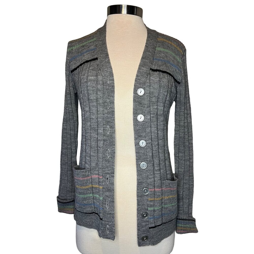Kenny Classics VTG Women Cardigan Size 14 Long Sleeve Button Grey stripes pocket